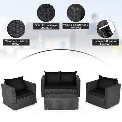 4 Pieces Rattan Patio Furniture Set Outdoor Sectional Conversation Sofa Set with Table and Cushion