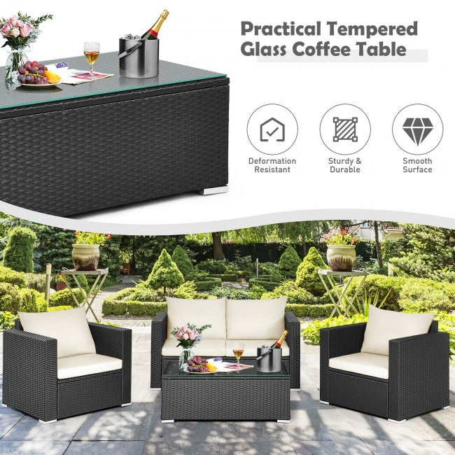 4 Pieces Rattan Patio Furniture Set Outdoor Sectional Conversation Sofa Set with Table and Cushion