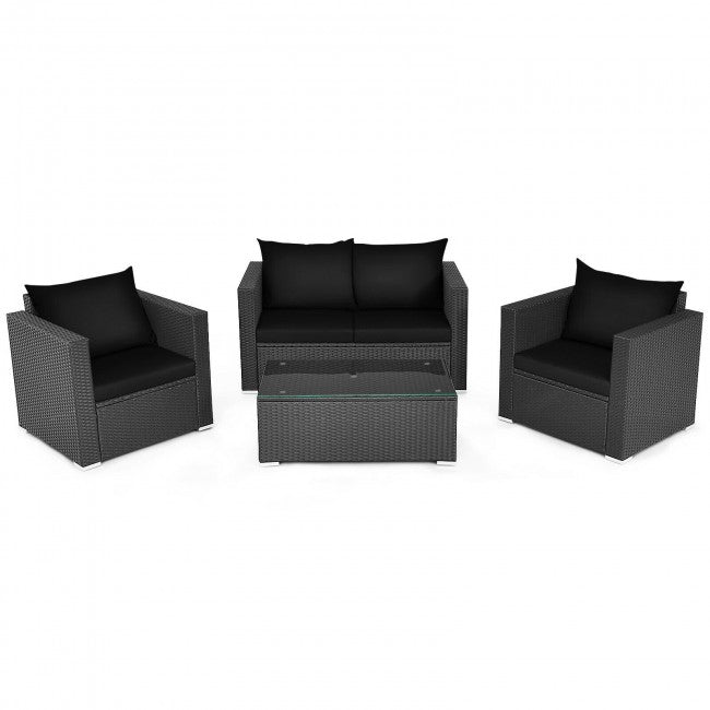 4 Pieces Rattan Patio Furniture Set Outdoor Sectional Conversation Sofa Set with Table and Cushion