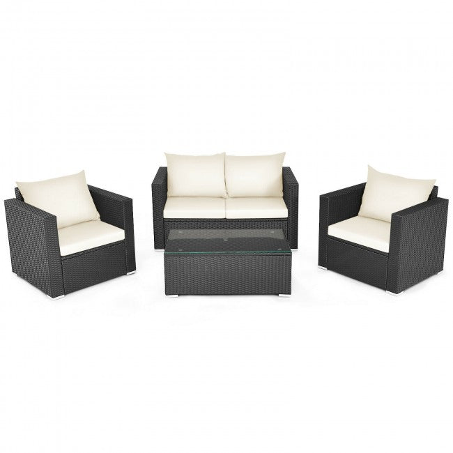 4 Pieces Rattan Patio Furniture Set Outdoor Sectional Conversation Sofa Set with Table and Cushion