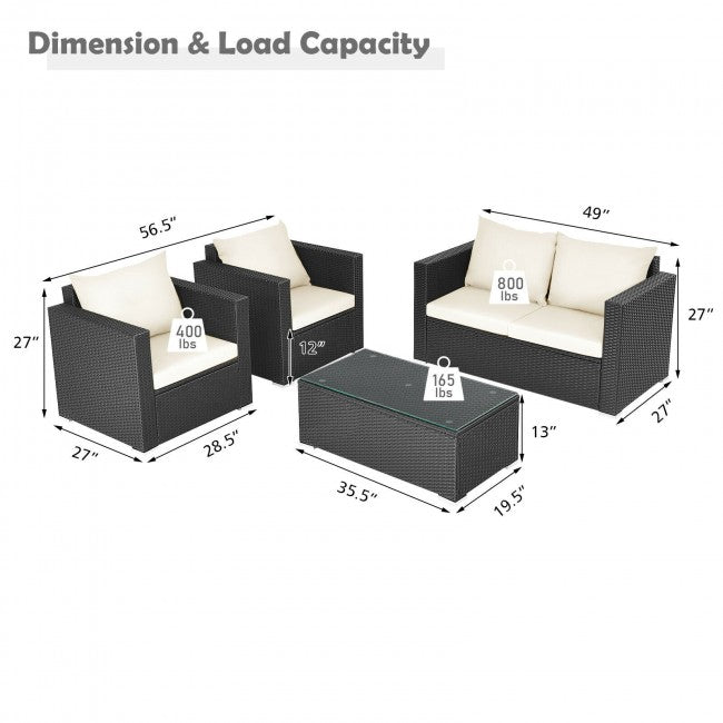 4 Pieces Rattan Patio Furniture Set Outdoor Sectional Conversation Sofa Set with Table and Cushion