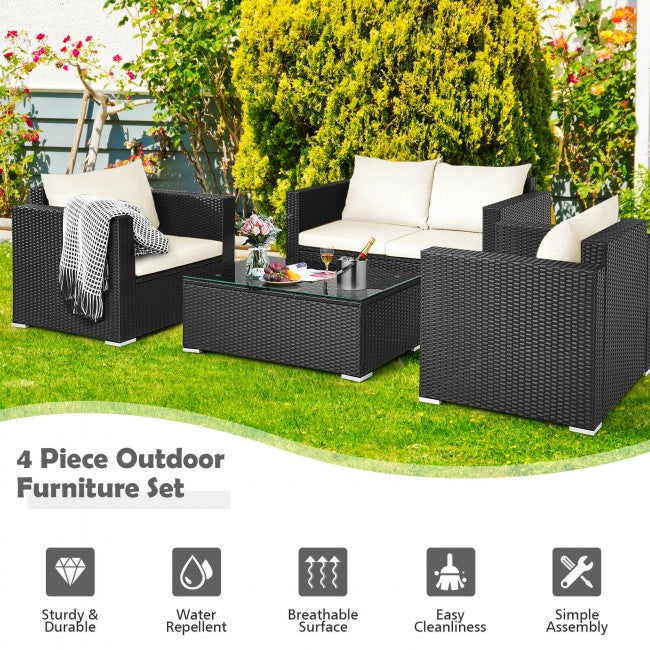 4 Pieces Rattan Patio Furniture Set Outdoor Sectional Conversation Sofa Set with Table and Cushion