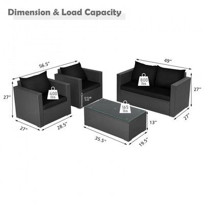 4 Pieces Rattan Patio Furniture Set Outdoor Sectional Conversation Sofa Set with Table and Cushion