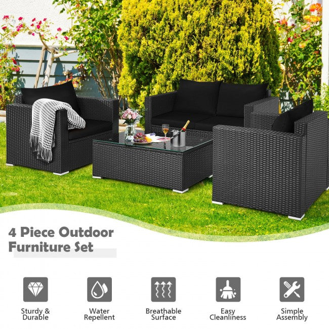 4 Pieces Rattan Patio Furniture Set Outdoor Sectional Conversation Sofa Set with Table and Cushion