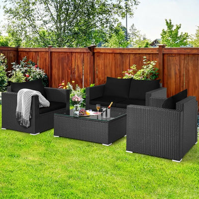 4 Pieces Rattan Patio Furniture Set Outdoor Sectional Conversation Sofa Set with Table and Cushion