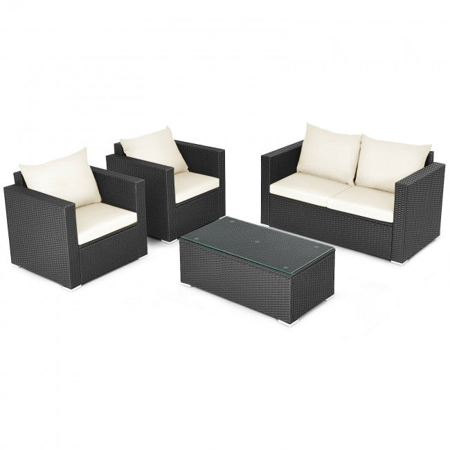 4 Pieces Rattan Patio Furniture Set Outdoor Sectional Conversation Sofa Set with Table and Cushion