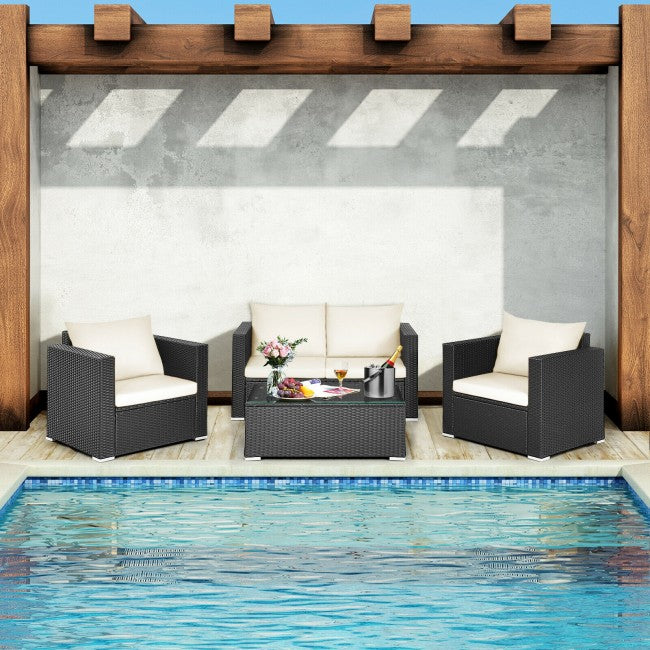 4 Pieces Rattan Patio Furniture Set Outdoor Sectional Conversation Sofa Set with Table and Cushion