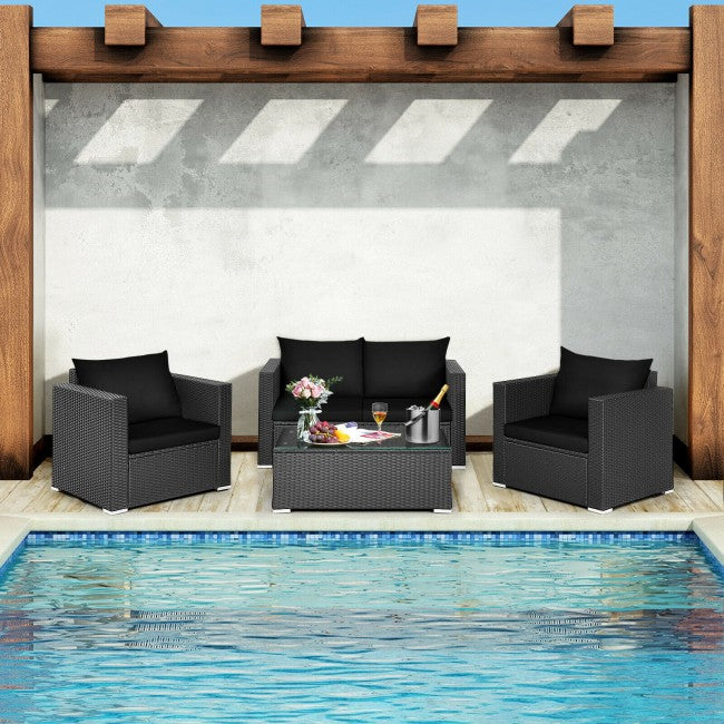 4 Pieces Rattan Patio Furniture Set Outdoor Sectional Conversation Sofa Set with Table and Cushion