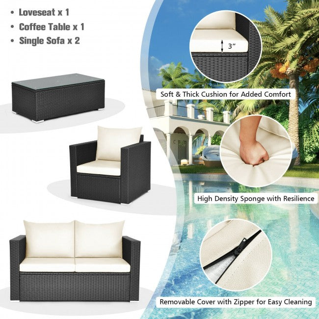 4 Pieces Rattan Patio Furniture Set Outdoor Sectional Conversation Sofa Set with Table and Cushion