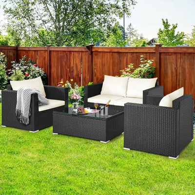 4 Pieces Rattan Patio Furniture Set Outdoor Sectional Conversation Sofa Set with Table and Cushion