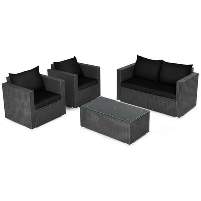 4 Pieces Rattan Patio Furniture Set Outdoor Sectional Conversation Sofa Set with Table and Cushion