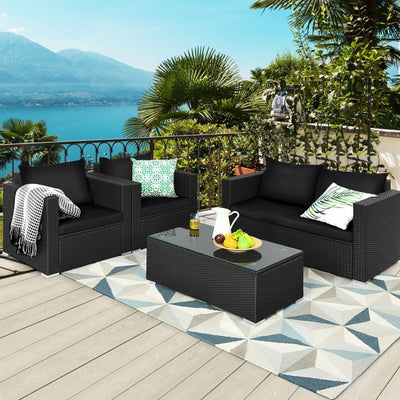 4 Pieces Rattan Patio Furniture Set Outdoor Sectional Conversation Sofa Set with Table and Cushion