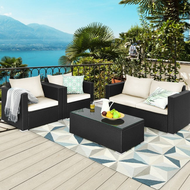 4 Pieces Rattan Patio Furniture Set Outdoor Sectional Conversation Sofa Set with Table and Cushion