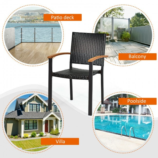 4 Pieces Outdoor Stackable Rattan Chair Patio Dining Armchair with Acacia-Topped Armrests