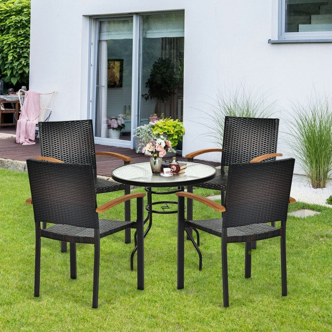 4 Pieces Outdoor Stackable Rattan Chair Patio Dining Armchair with Acacia-Topped Armrests