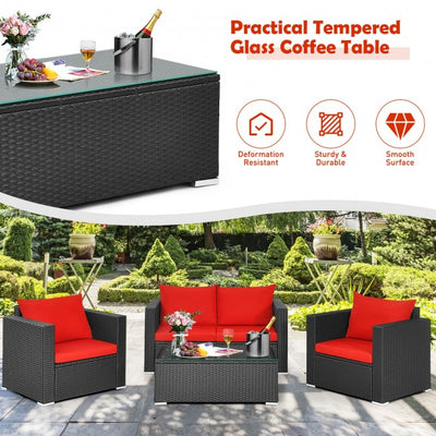 4 Pieces Rattan Patio Furniture Set Outdoor Sectional Conversation Sofa Set with Table and Cushion