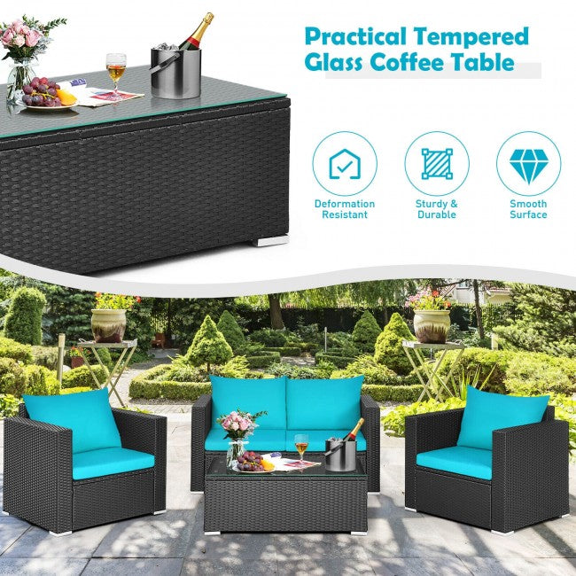 4 Pieces Rattan Patio Furniture Set Outdoor Sectional Conversation Sofa Set with Table and Cushion