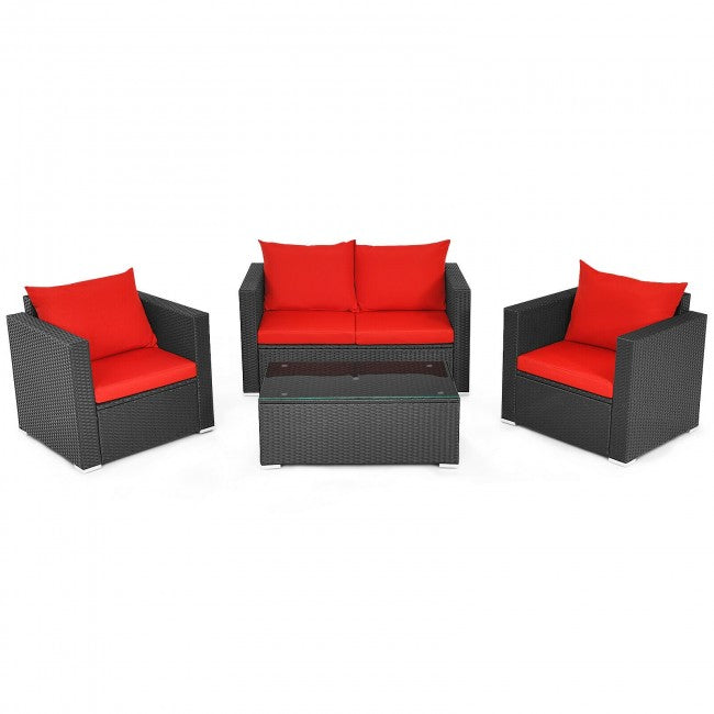 4 Pieces Rattan Patio Furniture Set Outdoor Sectional Conversation Sofa Set with Table and Cushion