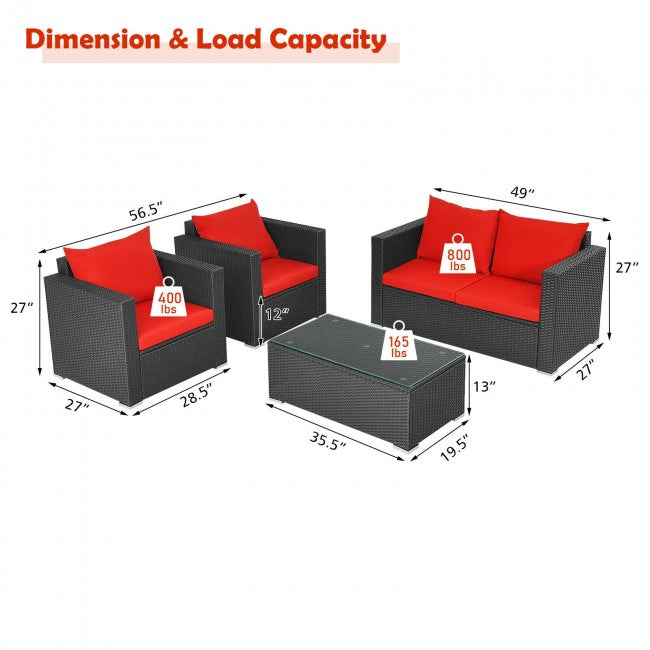 4 Pieces Rattan Patio Furniture Set Outdoor Sectional Conversation Sofa Set with Table and Cushion