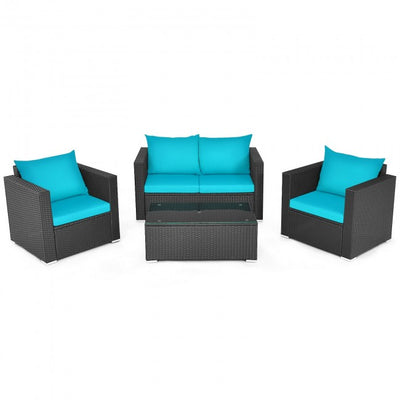 4 Pieces Rattan Patio Furniture Set Outdoor Sectional Conversation Sofa Set with Table and Cushion