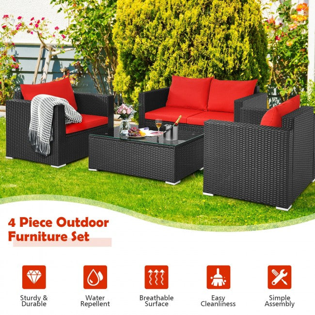 4 Pieces Rattan Patio Furniture Set Outdoor Sectional Conversation Sofa Set with Table and Cushion