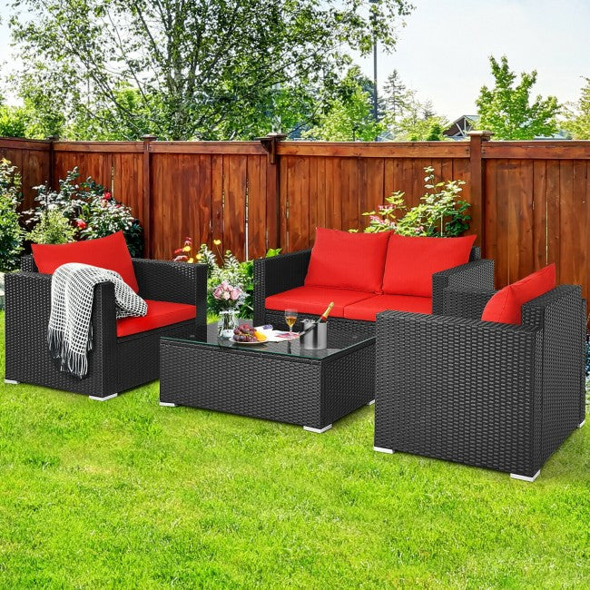 4 Pieces Rattan Patio Furniture Set Outdoor Sectional Conversation Sofa Set with Table and Cushion