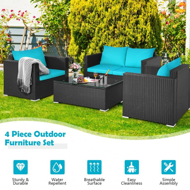 4 Pieces Rattan Patio Furniture Set Outdoor Sectional Conversation Sofa Set with Table and Cushion