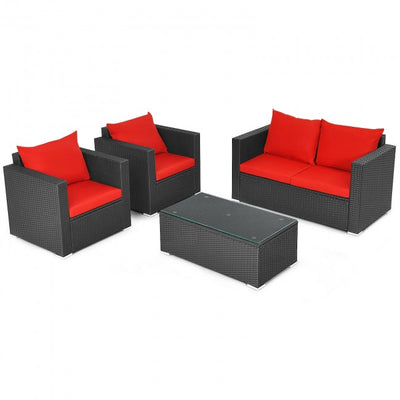 4 Pieces Rattan Patio Furniture Set Outdoor Sectional Conversation Sofa Set with Table and Cushion