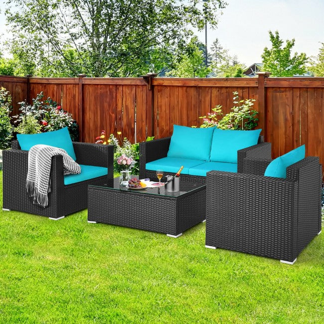 4 Pieces Rattan Patio Furniture Set Outdoor Sectional Conversation Sofa Set with Table and Cushion