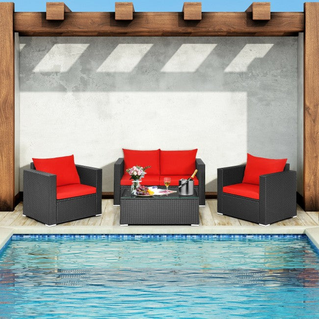 4 Pieces Rattan Patio Furniture Set Outdoor Sectional Conversation Sofa Set with Table and Cushion