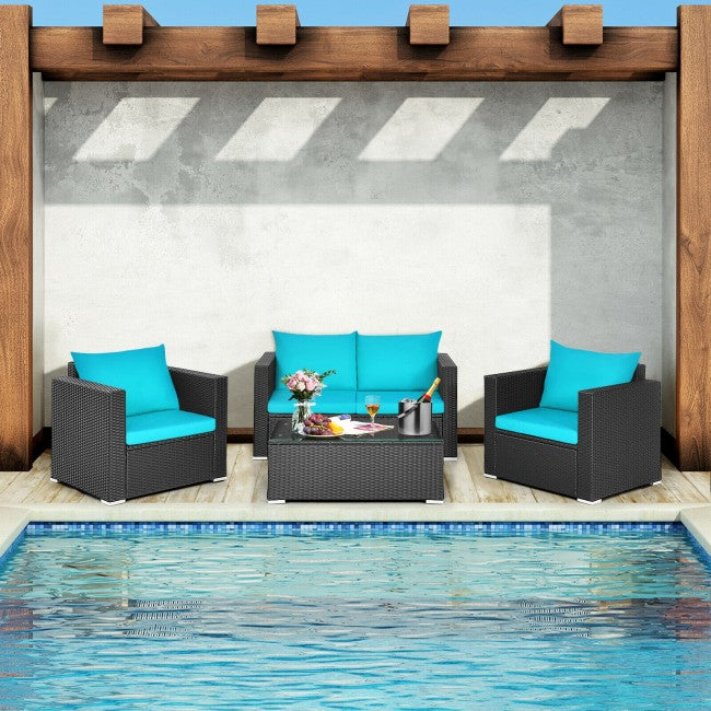 4 Pieces Rattan Patio Furniture Set Outdoor Sectional Conversation Sofa Set with Table and Cushion