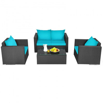 4 Pieces Rattan Patio Furniture Set Outdoor Sectional Conversation Sofa Set with Table and Cushion