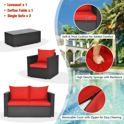 4 Pieces Rattan Patio Furniture Set Outdoor Sectional Conversation Sofa Set with Table and Cushion