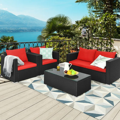 4 Pieces Rattan Patio Furniture Set Outdoor Sectional Conversation Sofa Set with Table and Cushion