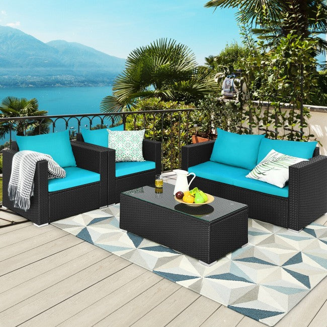 4 Pieces Rattan Patio Furniture Set Outdoor Sectional Conversation Sofa Set with Table and Cushion