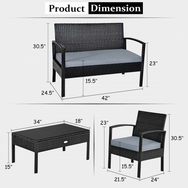 4 Pieces Patio Rattan Furniture Set Outdoor Loveseat with Tempered Glass Top and Cushion