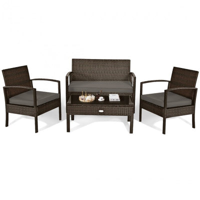 4 Pieces Patio Rattan Furniture Set Outdoor Loveseat with Tempered Glass Top and Cushion