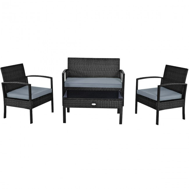 4 Pieces Patio Rattan Furniture Set Outdoor Loveseat with Tempered Glass Top and Cushion