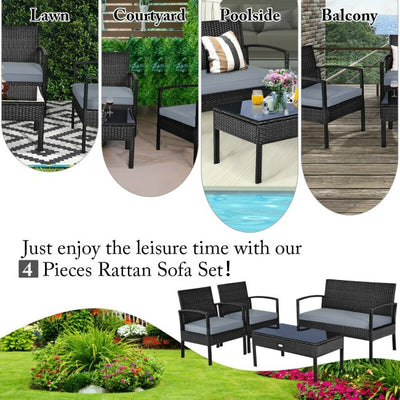 4 Pieces Patio Rattan Furniture Set Outdoor Loveseat with Tempered Glass Top and Cushion