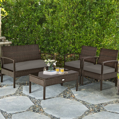 4 Pieces Patio Rattan Furniture Set Outdoor Loveseat with Tempered Glass Top and Cushion