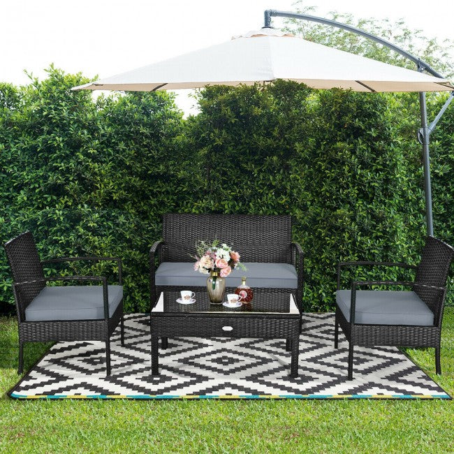 4 Pieces Patio Rattan Furniture Set Outdoor Loveseat with Tempered Glass Top and Cushion