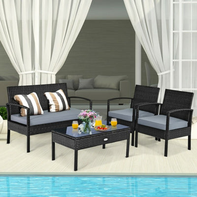 4 Pieces Patio Rattan Furniture Set Outdoor Loveseat with Tempered Glass Top and Cushion