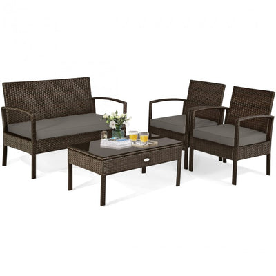 4 Pieces Patio Rattan Furniture Set Outdoor Loveseat with Tempered Glass Top and Cushion