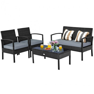 4 Pieces Patio Rattan Furniture Set Outdoor Loveseat with Tempered Glass Top and Cushion