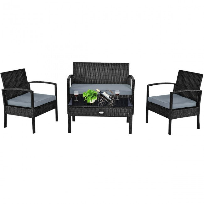 4 Pieces Patio Rattan Furniture Set Outdoor Loveseat with Tempered Glass Top and Cushion