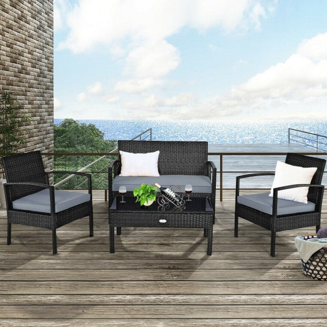 4 Pieces Patio Rattan Furniture Set Outdoor Loveseat with Tempered Glass Top and Cushion