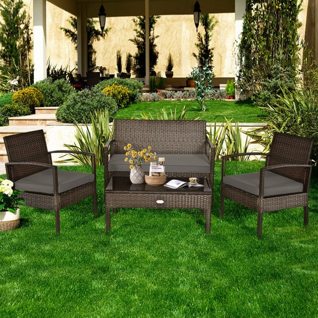 4 Pieces Patio Rattan Furniture Set Outdoor Loveseat with Tempered Glass Top and Cushion