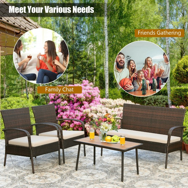 4 Pieces Patio Rattan Furniture Set Outdoor Wicker Conversation Loveseat with Soft Cushion