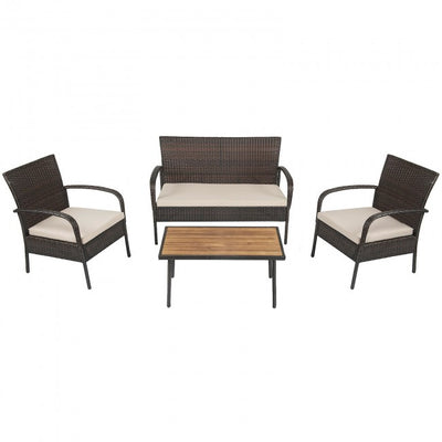 4 Pieces Patio Rattan Furniture Set Outdoor Wicker Conversation Loveseat with Soft Cushion