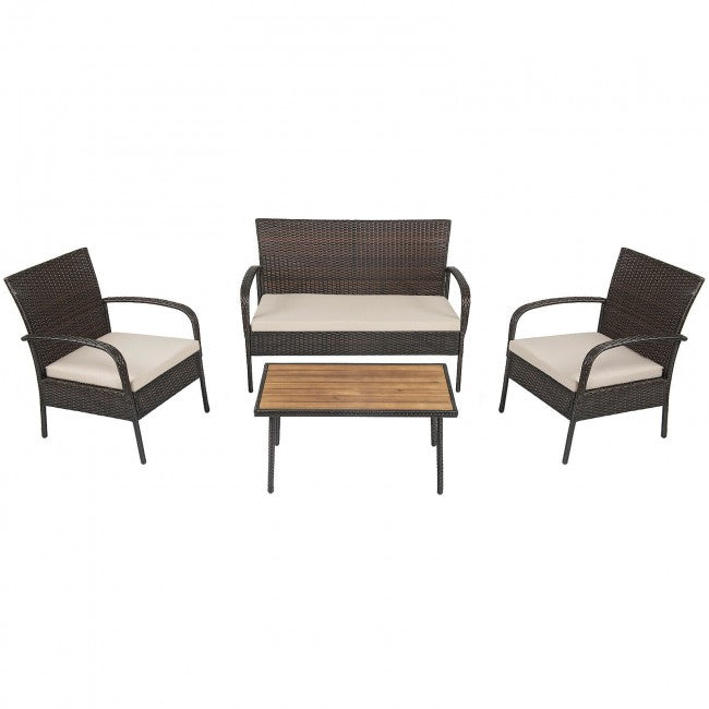 4 Pieces Patio Rattan Furniture Set Outdoor Wicker Conversation Loveseat with Soft Cushion